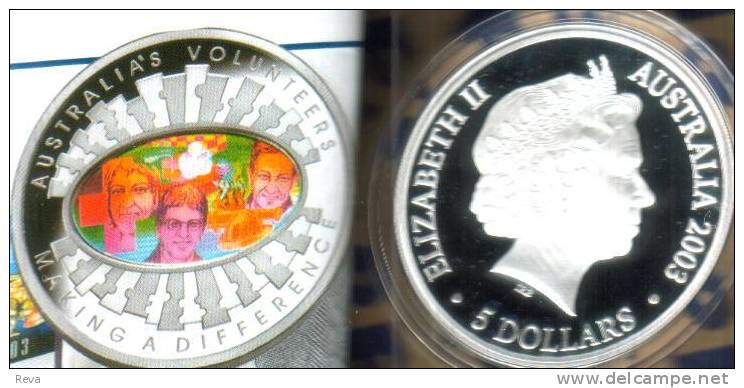 AUSTRALIA $5 VOLUNTEERS HOLOGRAM COLOURFINALE SERIES FRONT QEII HEAD BACK 2003 SILVER PROOF READ DESCRIPTION CAREFULLY!! - Ongebruikte Sets & Proefsets