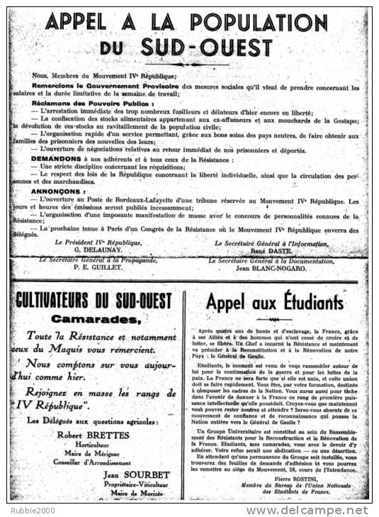 BULLETIN RASSEMBLEMENT DES RESISTANTS POURLA RECONSTRUCTION ET RENOVATION DE LA FRANCE 1944 GENERAL DE GAULLE LIBERATION - Documents