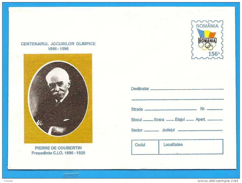 ROMANIA Postal Stationery Cover 1996. Pierre De Coubertin. President C.I.O. 1896 - 1925 - Sommer 1896: Athen
