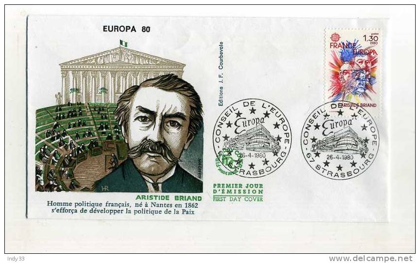 - FRANCE . TIMBRE EUROPA 1980 SUR ENVELOPPE FDC ARISTIDE BRIAND  . CACHET 1er JOUR STRABOURG 26/4/80 - 1980