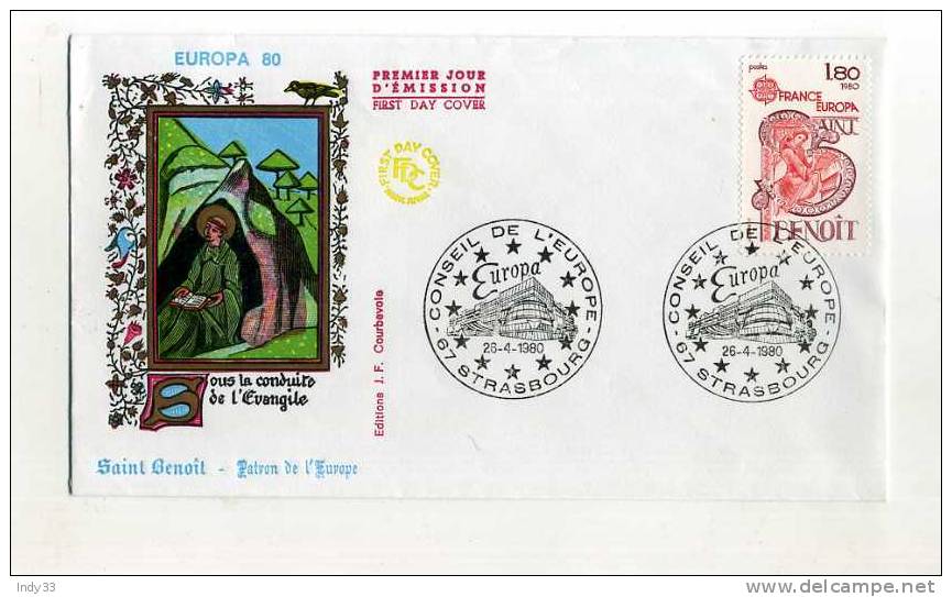 - FRANCE . TIMBRE EUROPA 1980 SUR ENVELOPPE FDC SAINT BRNOIT . CACHET 1er JOUR STRABOURG 26/4/80 - 1980