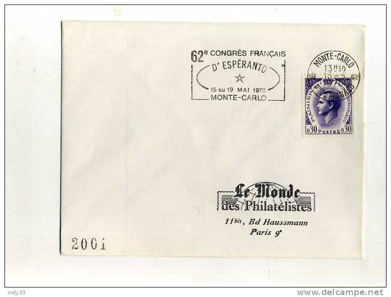 - MONACO . FLAMME "62e CONGRES D'ESPERANTO" SUR ENVELOPPE DE 1970 - Marcophilie