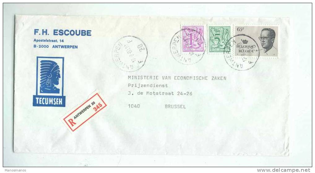 084/15 - BELGIQUE INDIENS - Lettre Recommandée ANTWERPEN 1983 - Indien Tecumseh - Non Classés