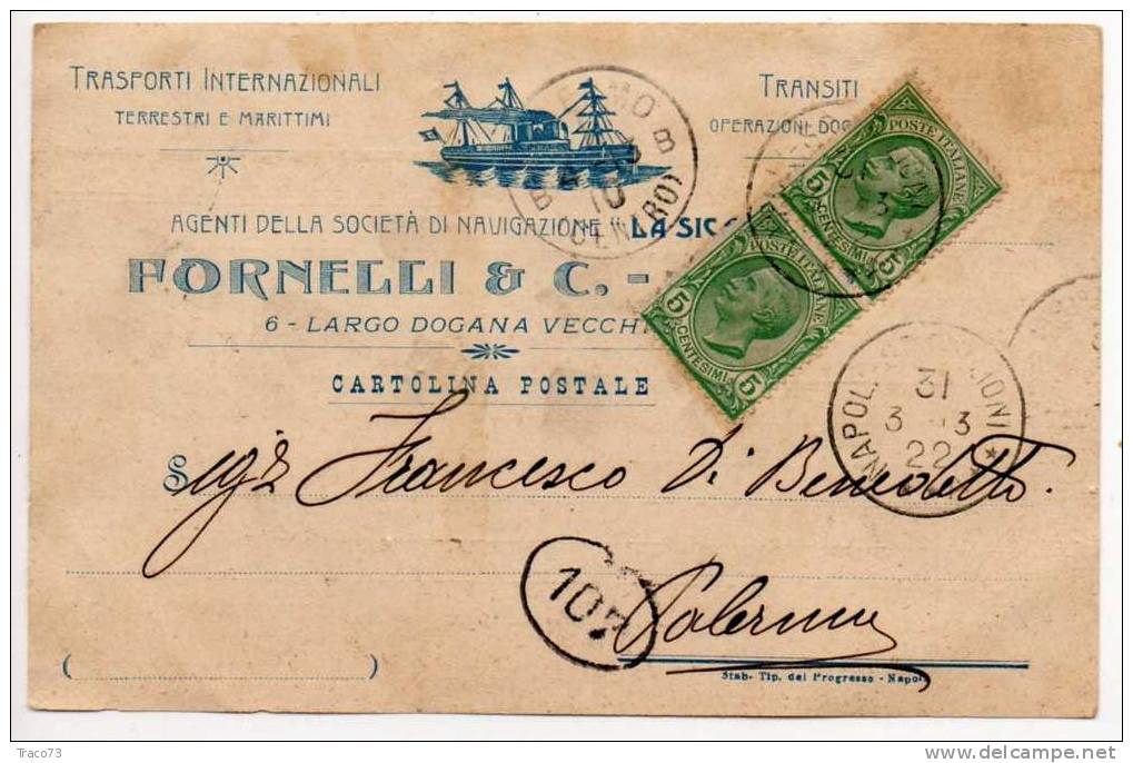 AGENTI DELLA SOCIETA' DI NAVIGAZIONE "LA SICANIA"  22.03.1913 - Card /Cartolina -  " FORNELLI & C. " - Reclame