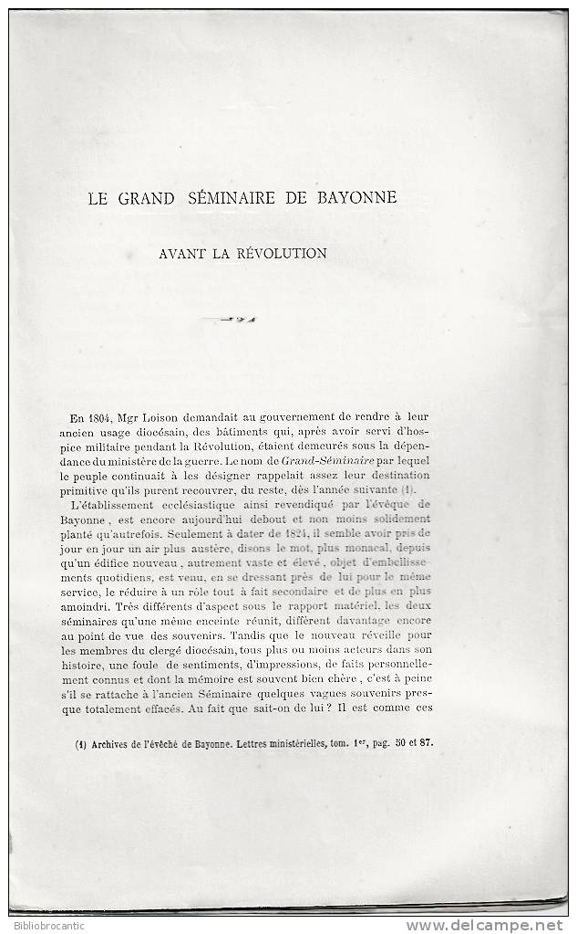 LE GRAND SEMINAIRE DE BAYONNE AVANT LA REVOLUTION - 1722-1792 - Par L´ABBE P. SOUBIELLE En 1886 - Baskenland