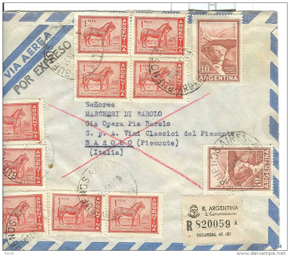 ARGENTINA - LETTERA  RACCOMANDATA ESPRESSO VIAGGIATA   1961 DA BUENOS AIRES PER  BAROLO (CUNEO)-  MARCHESI DI BAROLO - Storia Postale