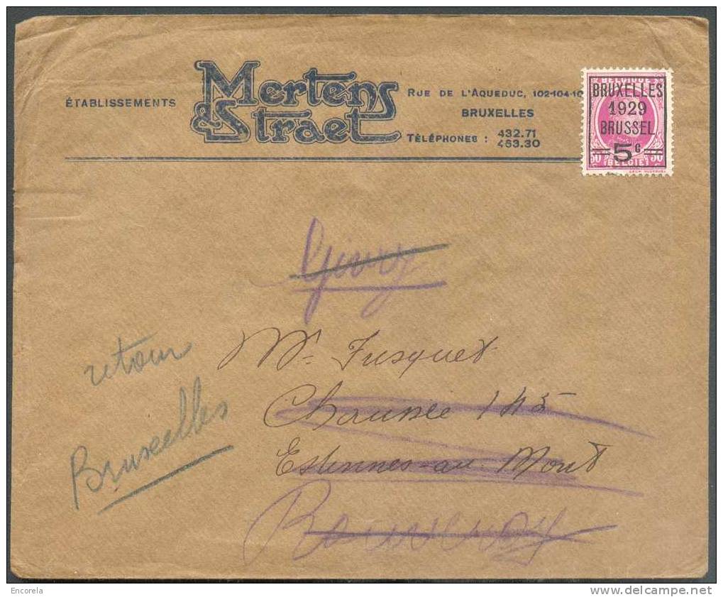 5 Centimes Houyoux PREO Surch. BRUXELLES 1929 BRUSSEL S/L. Imprimée Soc. MERTENS & STRAET Vers Estinnes-Au-Mont (verso) - Typo Precancels 1922-31 (Houyoux)