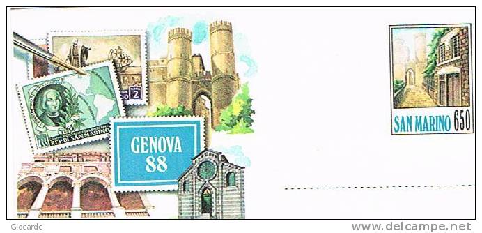 SAN MARINO -  SASS.3 BUSTA  POSTALE  - 1988  GENOVA 88: GIORNATA FILATELICA NAZIONALE  - NUOVO** - RIF.10022 BIS - Entiers Postaux