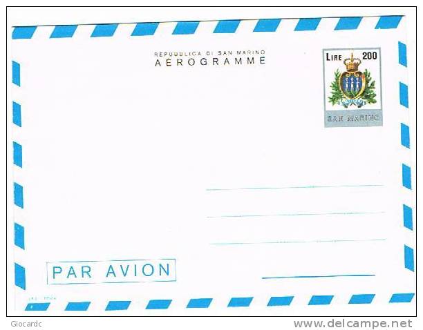 SAN MARINO -  SASS.12 AEROGRAMMA   - 1978  STEMMA DELLA REPUBBLICA LIRE 200   - NUOVO**- RIF. 10025 - Entiers Postaux