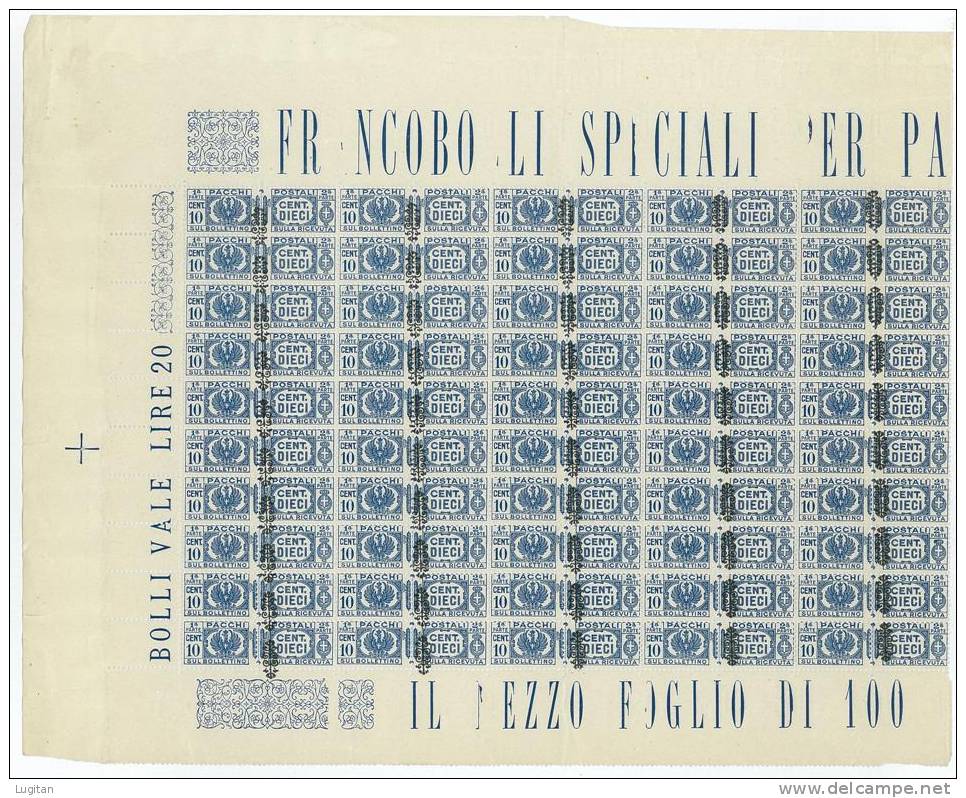 Italia Regno - Pacchi Postali Mezzo Foglio Da 50 Esemplari MNH ** - Varietà N° 49 Ca  Su 25 Esemplari - Raro - Pacchi Postali