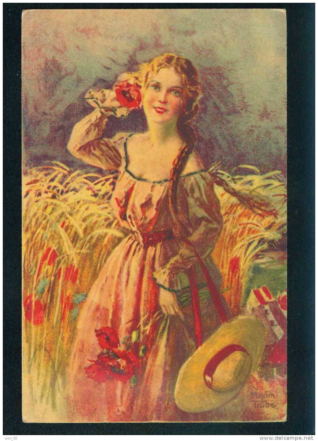 Illustrator Truebe TRUEBE - GIRL HAT PAPAVERO MOHN PAVOT POPPY POPPIES Series - # 1139 Wenau - Pastel ; W&N Pc 31326 - Trübe, Maxim