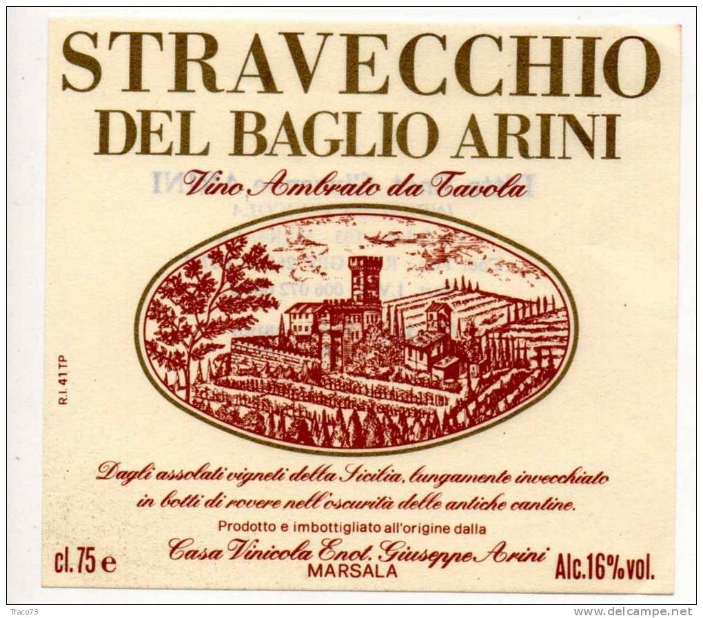 Etichetta  Vino  " Stravecchio Del Baglio Arini - Casa Vinicola Enot. G. Arini " Marsala - Italia / Italy - Other & Unclassified