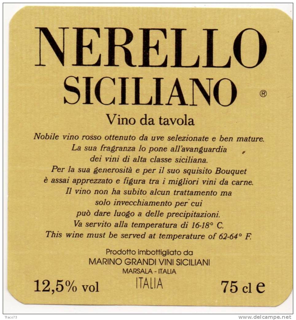 Etichetta  Vino  " NERELLO SICILIANO - Prod. Da Marino GRANDI  Vini Siciliani " Marsala (TP) - Italia / Italy - Other & Unclassified