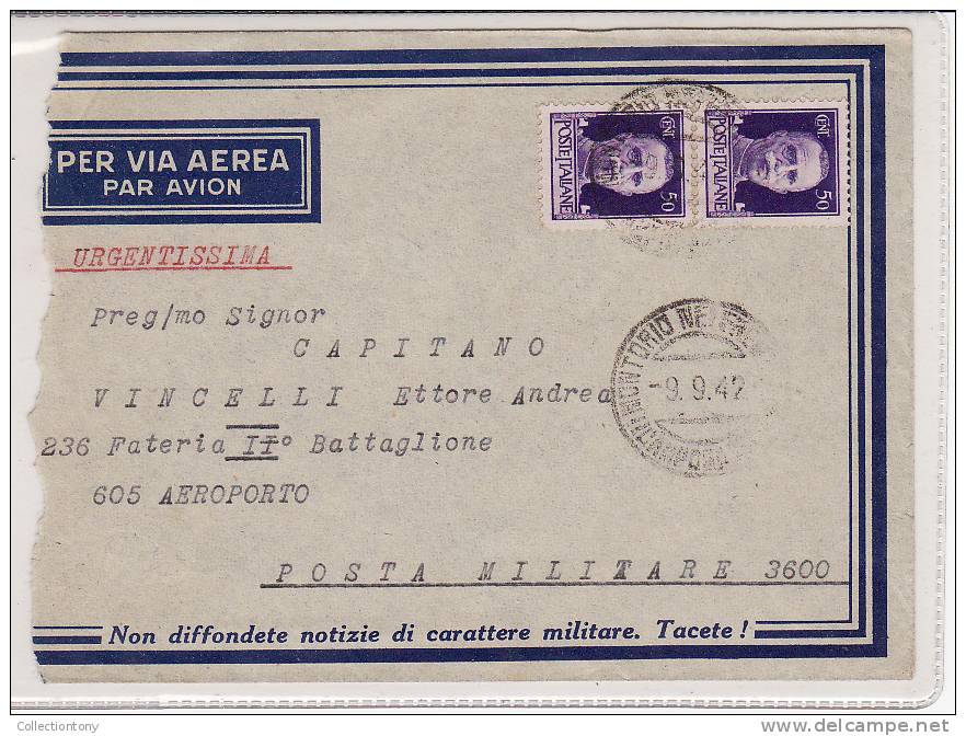 STORIA POSTALE - LETTERA PER VIA AEREA - POSTA MILITARE 3600 - 09/09/1942 TIMBRO : MONTORIO DEI FRENTANI (CB) - Marcophilie (Avions)