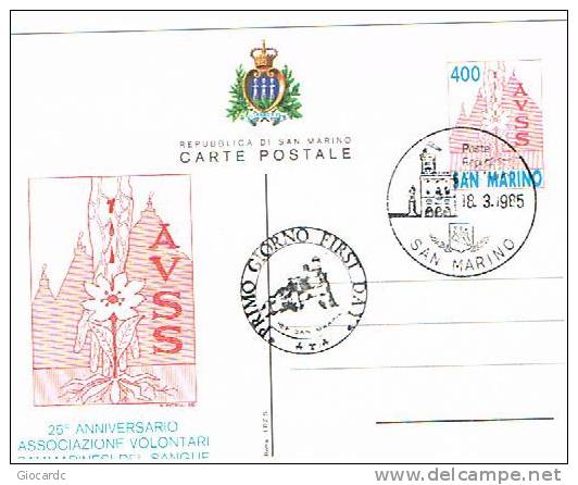 SAN MARINO -  SASS.46 CARTOLINA  TALE - FDC  1985 25^ ANNIV. A.V.S.S. ASS.NE VOL.SAMMARINESI SANGUE - RIF. 10017 - Entiers Postaux