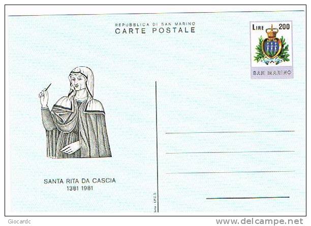 SAN MARINO -  SASS.37 CARTOLINA  POSTALE -  1981 600^ ANNIV. SANTA RITA DA CASCIA -  NUOVA ** RIF. 10014 - Interi Postali