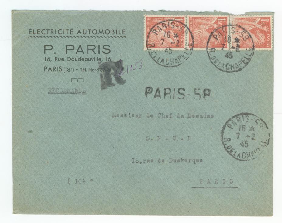 1F50 Iris X 3 Sur Lettre De Paris Avec Recommandation De Fortune Du 7 2 45 - 1939-44 Iris