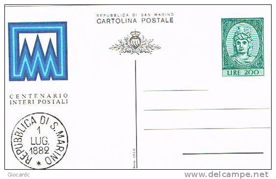 SAN MARINO -  SASS.40 CARTOLINA  POSTALE -  1982 100^ ANNIV. PRIMI INTERI POSTALI  -  NUOVA **- RIF. 10002 - Entiers Postaux