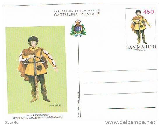 SAN MARINO -  SASS.48 CARTOLINA  POSTALE -  1986 30^ ANNIV.  BALESTRIERI SAMMARINESI: BALESTRIERE  -  NUOVA **RIF.10013 - Entiers Postaux
