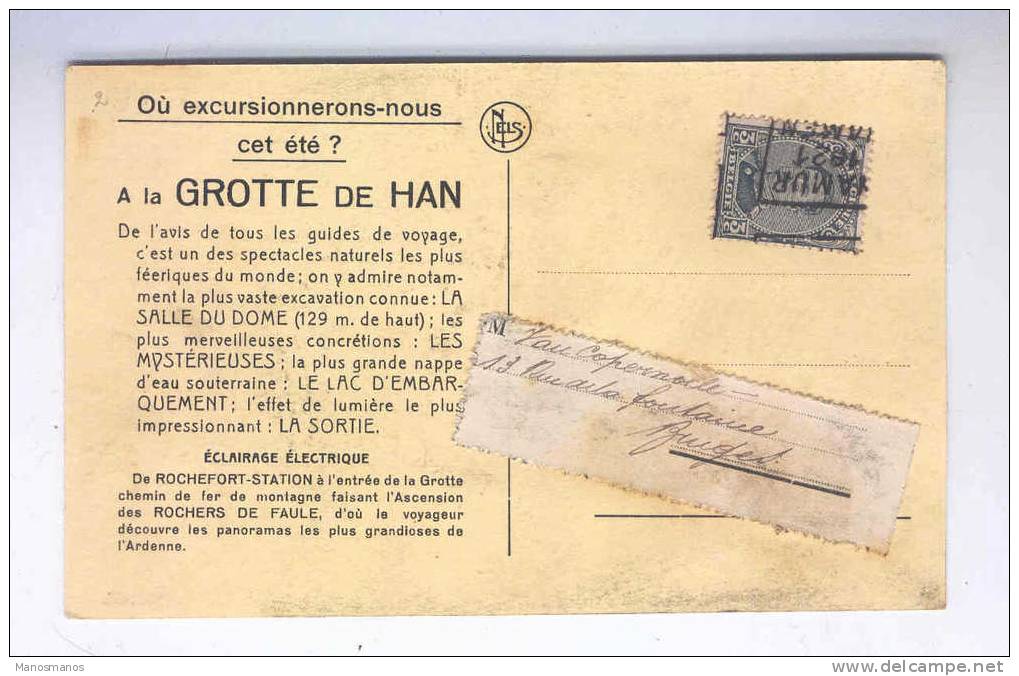 086/15 - BELGIQUE GROTTES - Carte-Vue TP Albert 15 PREO NAMUR 1921 - Grotte De HAN - Autres & Non Classés