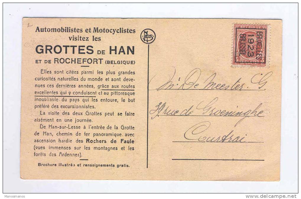 089/15 - BELGIQUE GROTTES - Carte-Vue TP Houyoux PREO BXL 1923 - Grottes De HAN Et ROCHEFORT - Autres & Non Classés
