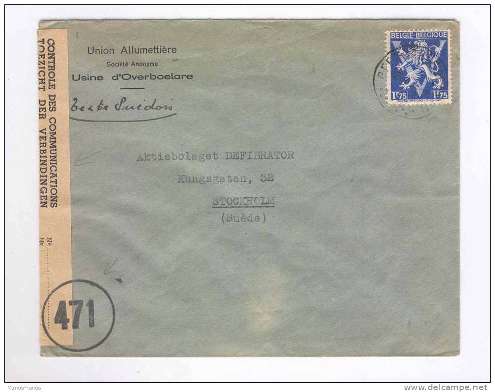 090/15 - BELGIQUE ALLUMETTES - Lettre Censurée ( Bande) TP Lion V GEERAARDSBERGEN 1945 Vers Suède - Ex OVERBOELARE - Non Classés