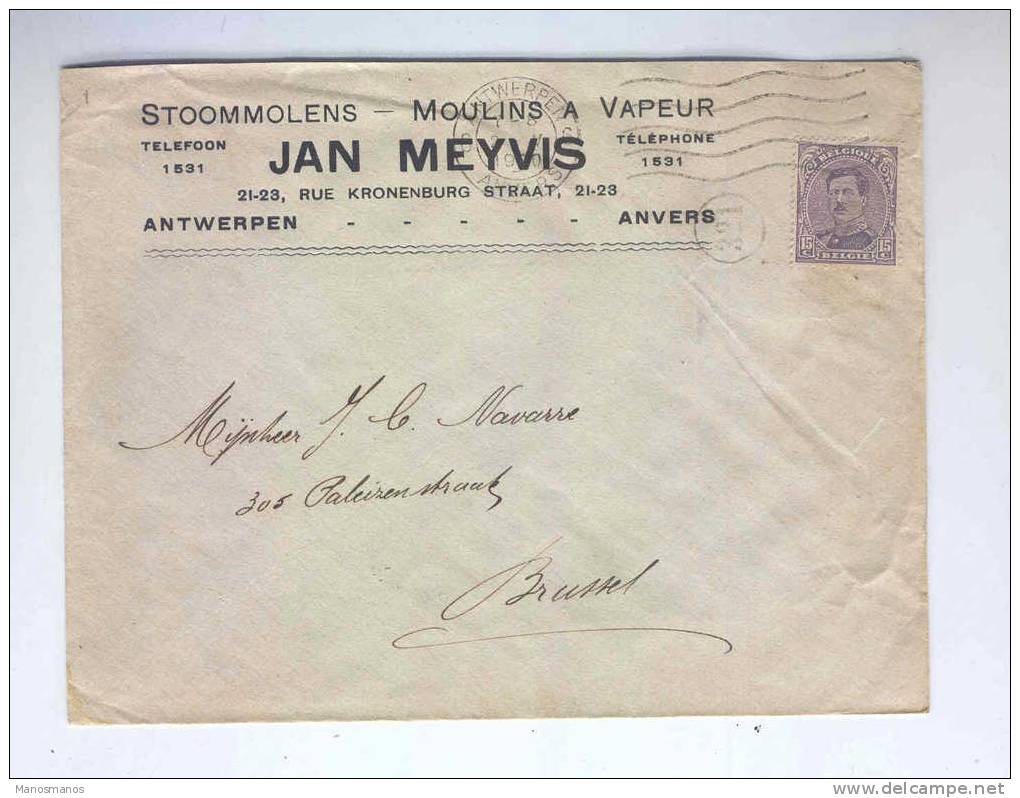 091/15 - BELGIQUE MOULINS - Lettre TP Albert 15 ANTWERPEN 1920 - Moulins à Vapeur / Stoommolens Jan Meyvis - Non Classés