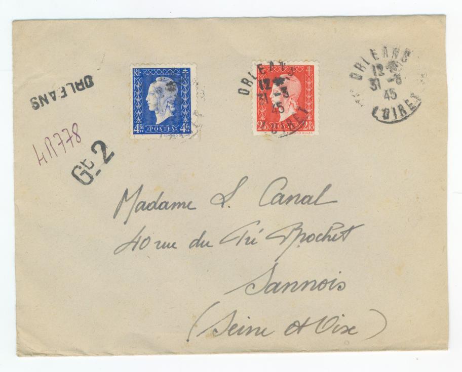 Marianne De Dulac 4 F Bleu + 2F40 Rouge Sur Lettre Avec Recommandation De Fortune D'Orléans - 1944-45 Marianne De Dulac