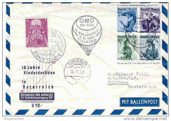 LUXEMBOURG, VOLS PAR BALLON, BALLONPOST, 9/11/1957 WIEN-PATERNION-VILLACH  PRIFIX BE20+533 - Brieven En Documenten
