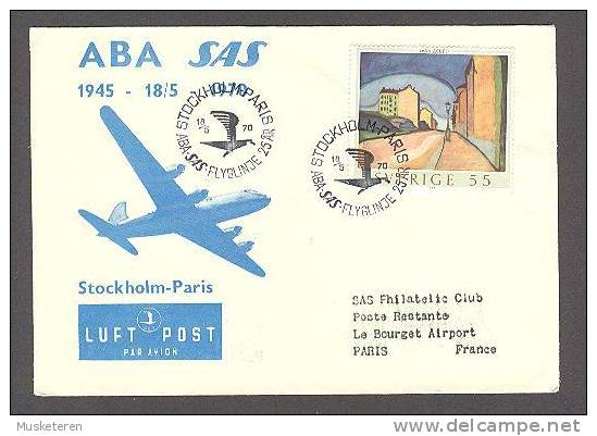 Sweden Airmail ABA SAS 25th Anniversary Stockholm - Paris 1970 Cover To Le Bourget Airport France - Usati