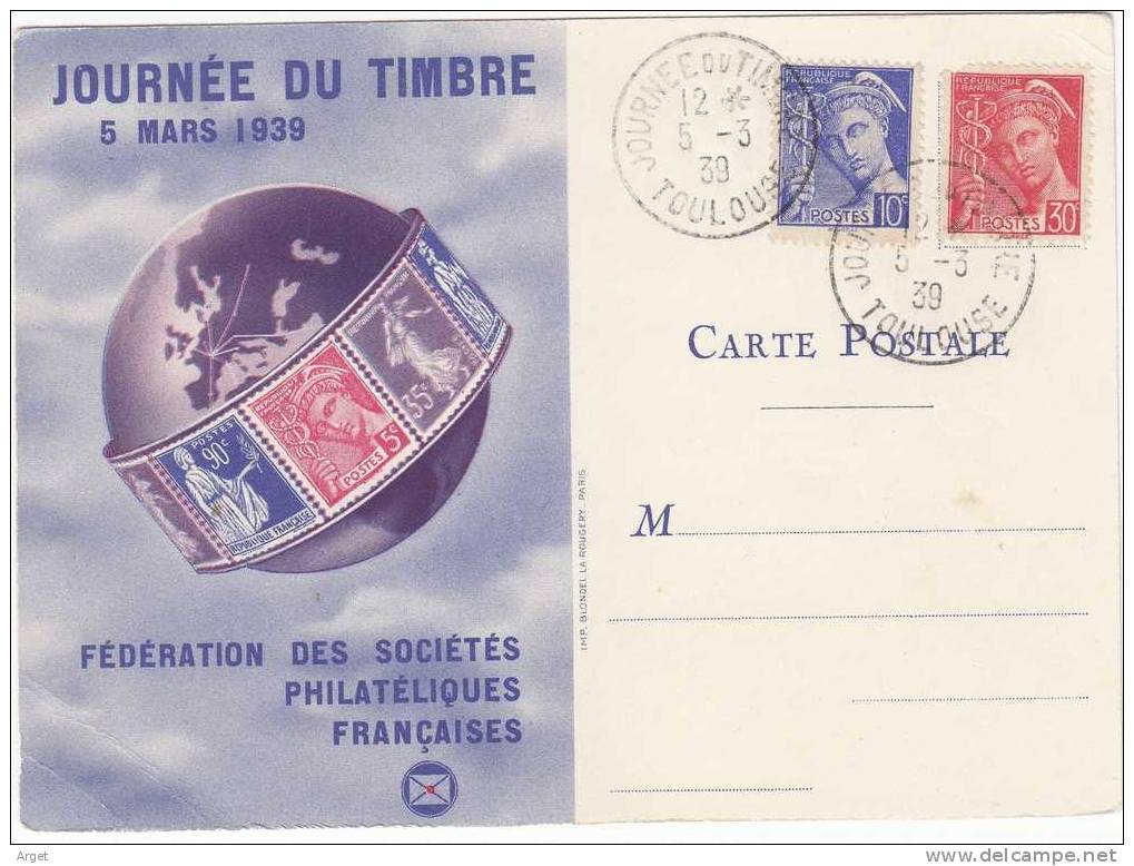 Carte Maximum FRANCE N°Yvert 407-412 (Mercure) Obl  Sp Journée Du Timbre Toulouse 5.3.39 - 1930-1939