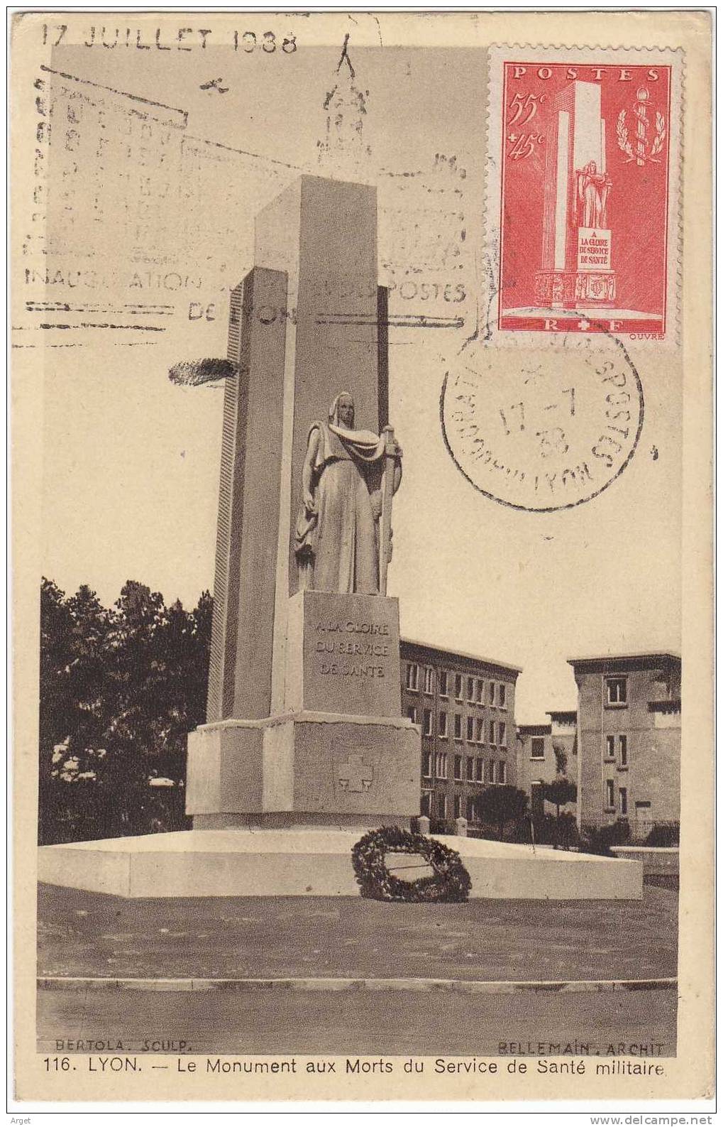 Carte Maximum FRANCE N°Yvert 395 (Lyon - Monument Aux Morts) Obl  Sp  FLAMME Ill 17.7.38  RRR - 1930-1939