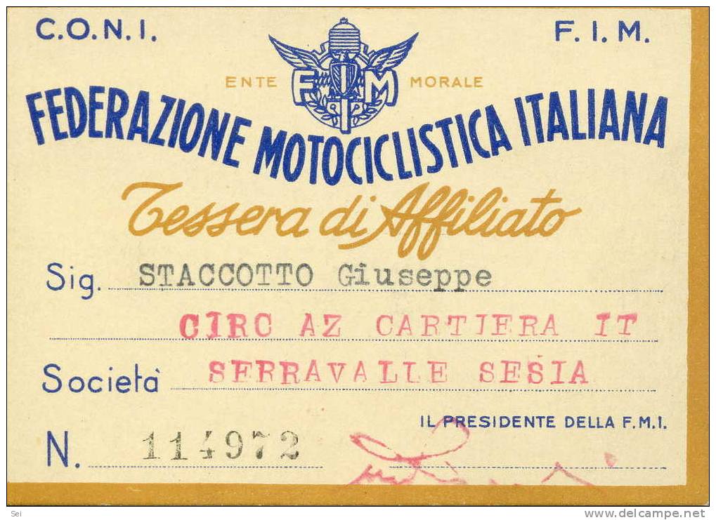 133 - Sport, Motociclismo, Tessera Federazione Motociclistica Italiana, Serravalle Sesia (Valsesia,Vercelli) - Altri & Non Classificati