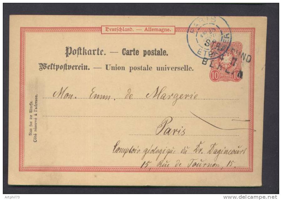 43322 - Carte Postale  10 Pf Rouge Cachet Linéaire STRALSUND/BERLIN Avril 1888 Pour La France TB - Sonstige & Ohne Zuordnung