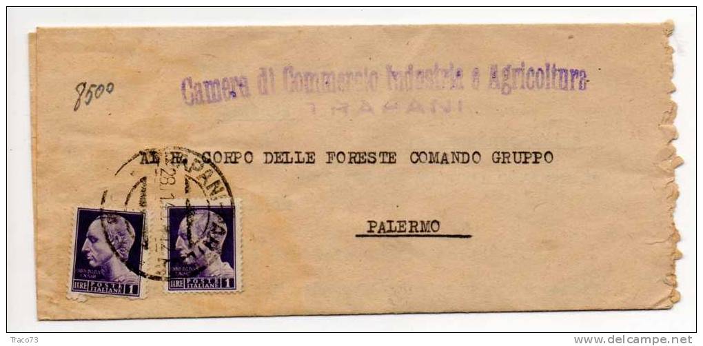 Trapani  / Palermo  - 28.11.1945 - Luogotenenza - Imperiale S.F. Lire 1x 2  Su Documen. Ufficiale Della Camera. Di Comm. - Marcophilie