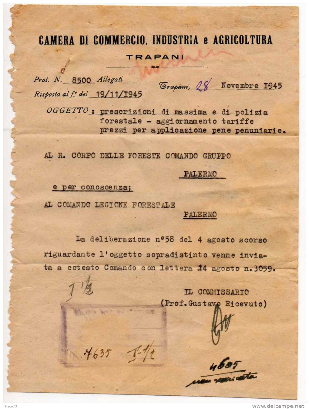 Trapani  / Palermo  - 28.11.1945 - Luogotenenza - Imperiale S.F. Lire 1x 2  Su Documen. Ufficiale Della Camera. Di Comm. - Marcophilie