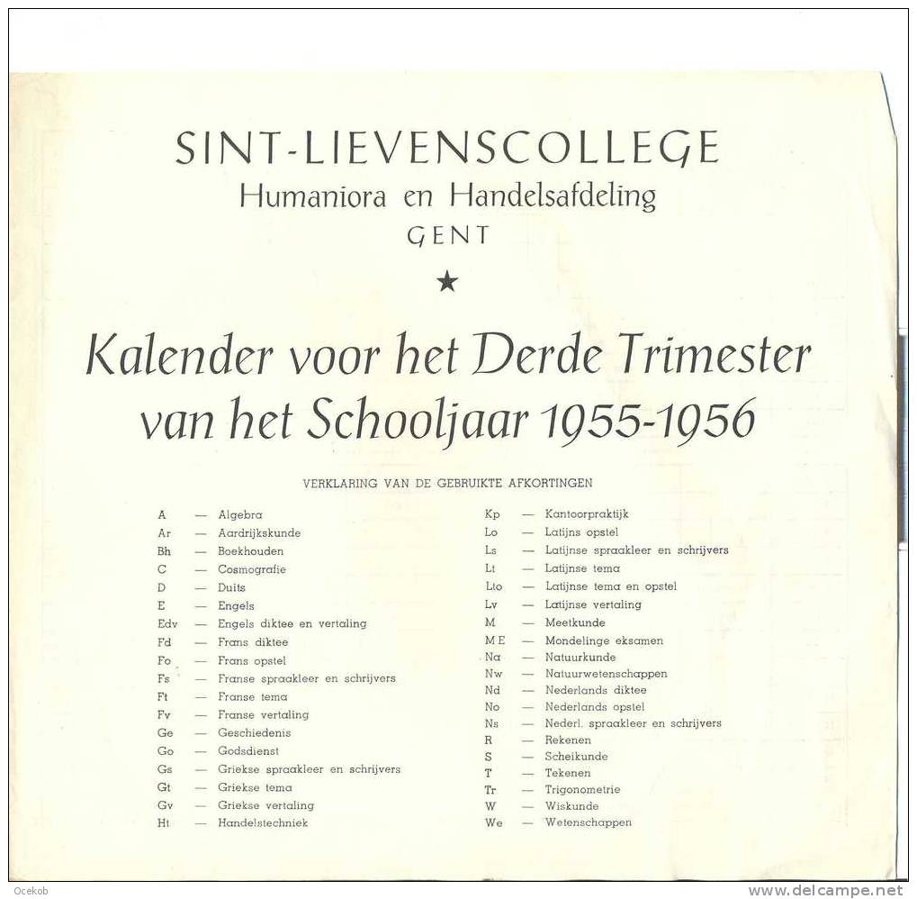 KALENDER Voor Het 3de Trimester Schooljaar 1955-1956 SINT-LIEVENSCOLLEGE  GENT - Autres & Non Classés