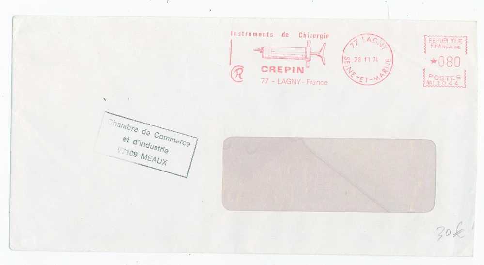 Lettre De Lagny, Machine à Affranchir Chirurgie (seringue) Acheminée Par La Chambre De Commerce De Meaux 1974 - Dokumente