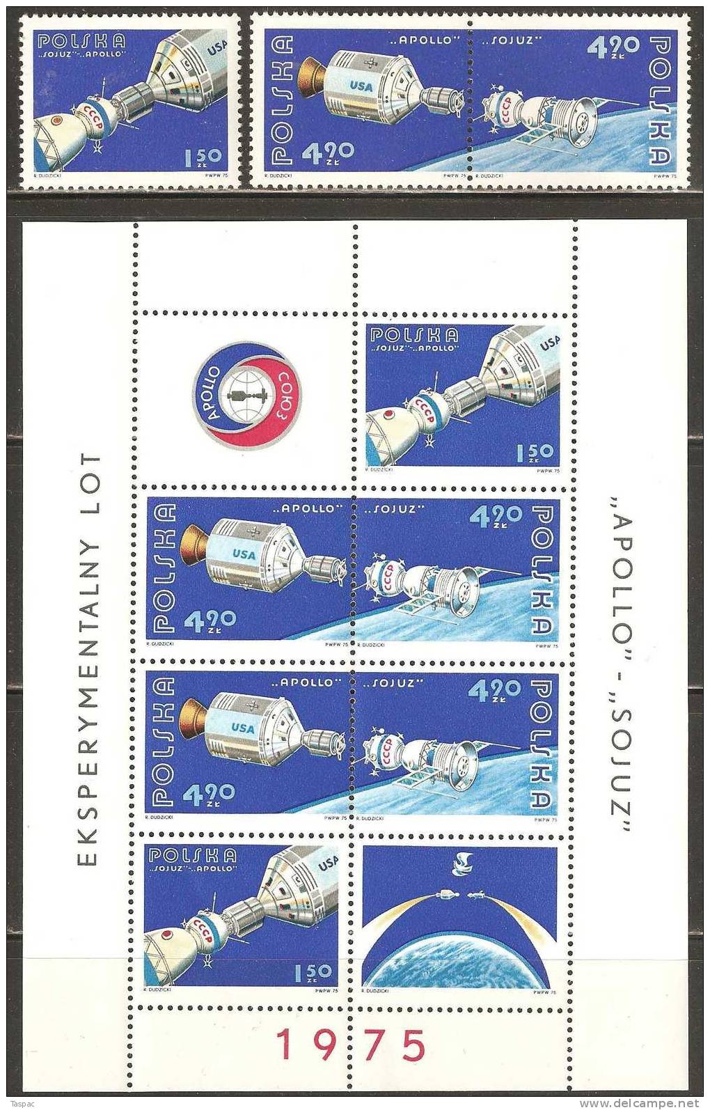 Poland 1975 Apollo Soyuz Space Test Project Mi# 2386-2388, Block 62 ** MNH - Unused Stamps