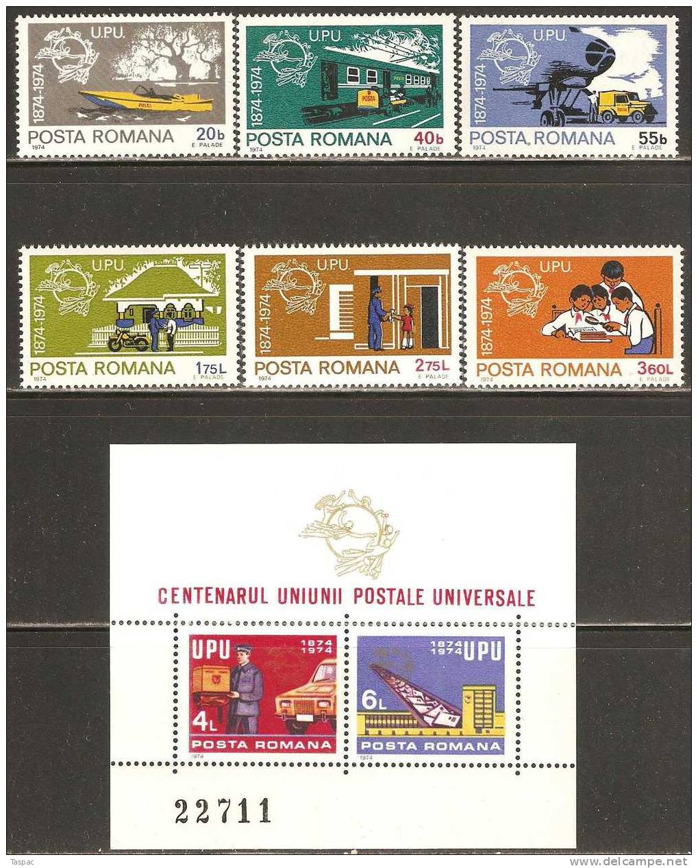 Romania 1974 Centenary Of Universal Postal Union Mi# 3194-3199, Block 112 ** MNH - Neufs