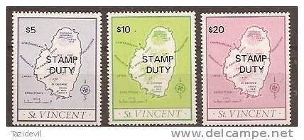 ST VINCENT - 1977 Maps Overprinted $5, $10, $20 + Stamp Duty. MNH - St.Vincent (1979-...)