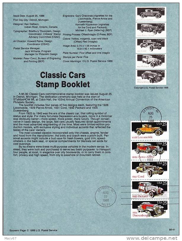 U.S. SP 834    CLASSIC CARS - Souvenirs & Special Cards