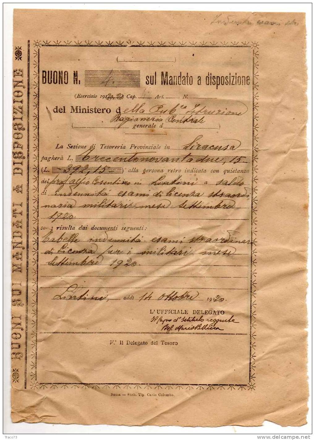 BUONO Sul Mandato A Disposizione /   14.10.1920   - Ministero Della Pubblica Istruzione - Autres & Non Classés