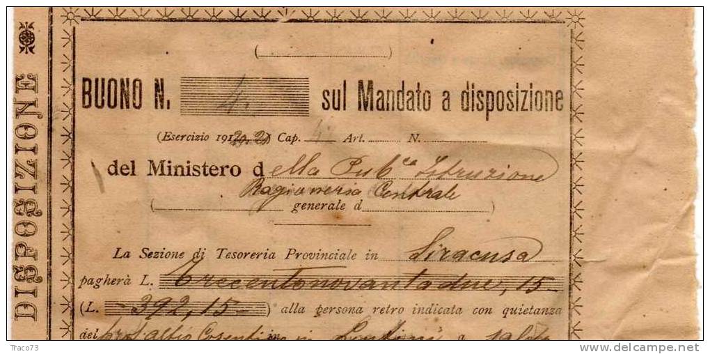 BUONO Sul Mandato A Disposizione /   14.10.1920   - Ministero Della Pubblica Istruzione - Autres & Non Classés