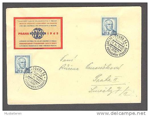 Czechoslovakia World Student Congress In Prague Label & Special Cancel Cover 1945 Locally Sent - Briefe U. Dokumente