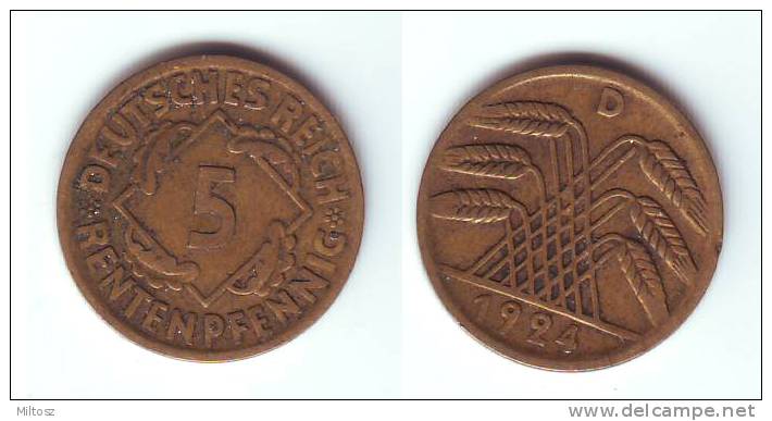 Germany 5 Rentenpfennig 1924 D - 5 Rentenpfennig & 5 Reichspfennig