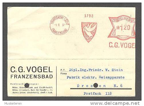 Czechoslovakia C.G. Vogel Franzenbad Meter Stamp Cancel Card Rechnung 1937 To Dresden Germany (2 Scans) - Lettres & Documents