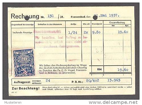 Czechoslovakia C.G. Vogel Franzenbad Meter Stamp Cancel Card Rechnung 1937 To Dresden Germany (2 Scans) - Covers & Documents