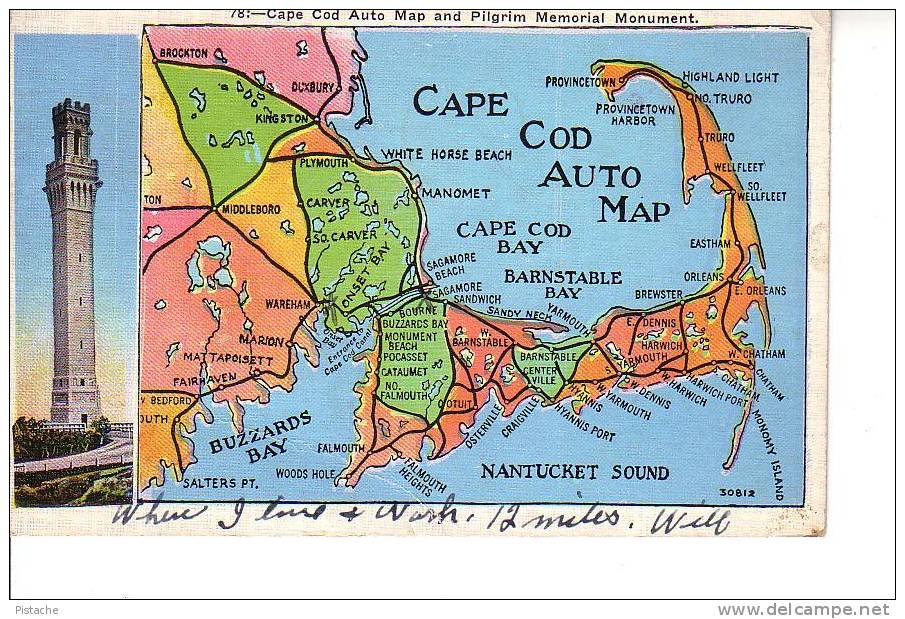 Cape Cod Massachusetts - Auto Map - Carte Plan Géographie - Circulée 1937 - Cape Cod