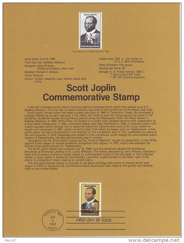 U.S. SP 606   MUSIC COMPOSER  SCOTT JOPLIN - Souvenirs & Special Cards